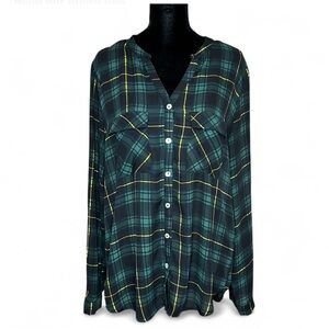 ALICE Green Plaid Button-Down Shirt L Collared Neck Front Pockets Long Sleeves